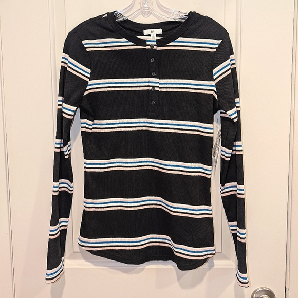 Nordstrom BP Black Henley with White and Blue Stripes Size Small - Picture 1 of 6
